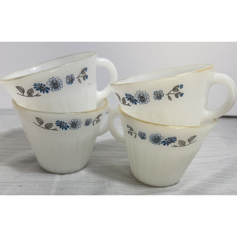 4 Blue Floral Flower Mug Tea Cup Opaque Milk Glass Termocrisa Mexico Vintage